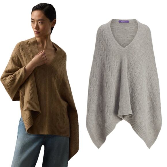Ralph Lauren Collection Cable Knit Cashmere Poncho Scarf Sweater Gray NWT S M L - Picture 1 of 10